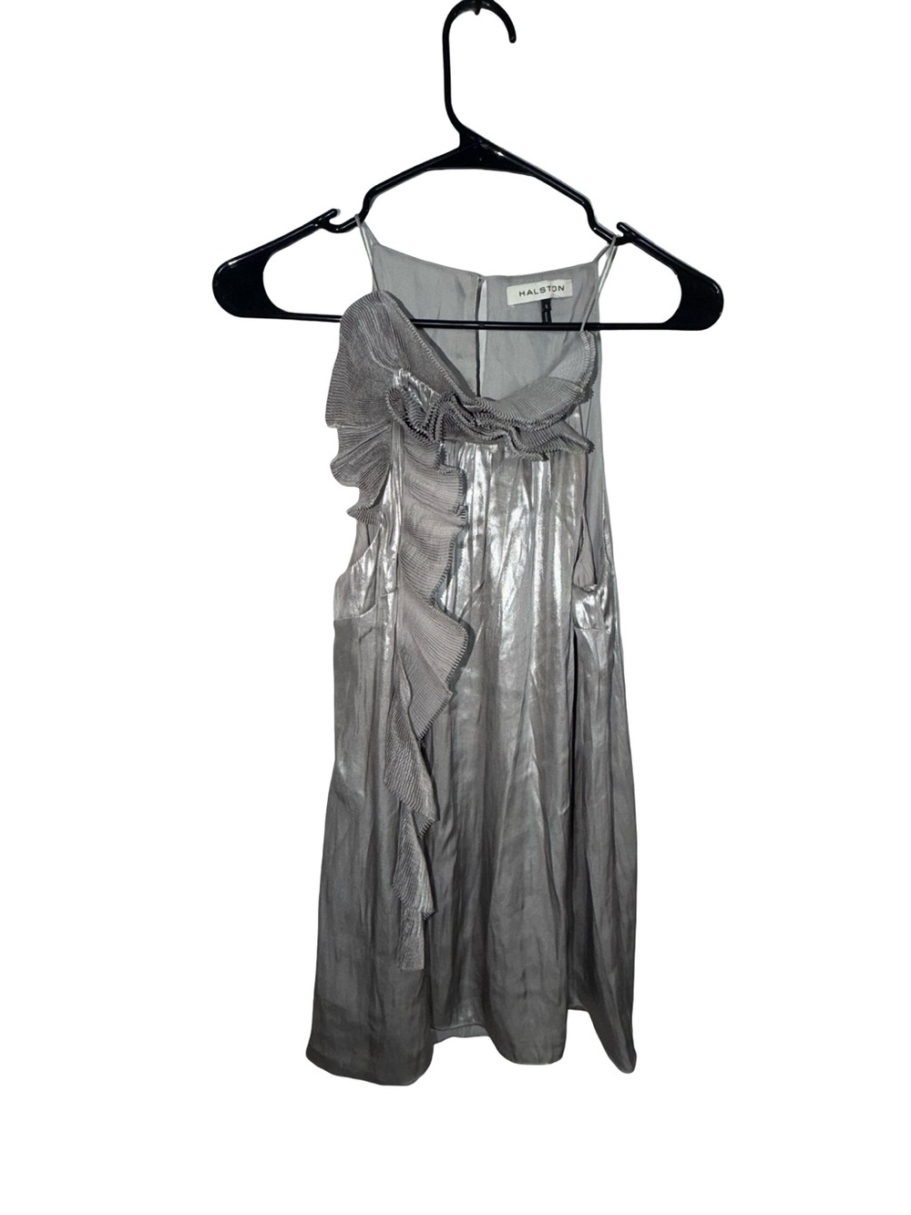 Halston Metallic Silver One-Shoulder Ruffle Blouse